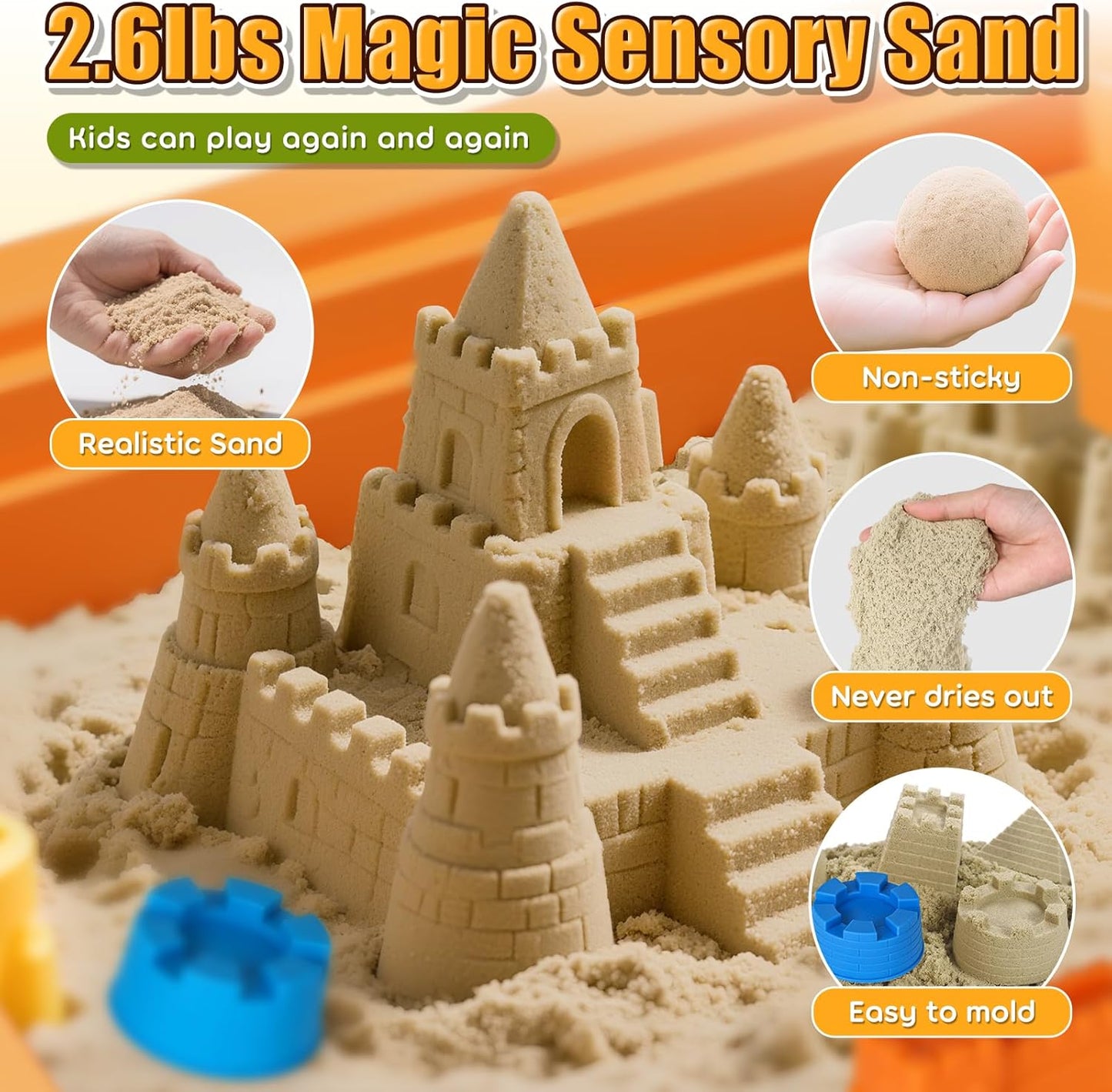 Lehoo Castle Sensory Table with Sensory Sand, Indoor Sensory Bin with Lid & 2.6lbs Play Sand, Construction Kit with 6 Alloy Trucks & Castle Molds, Sensory Toys for Toddler Boys and Girls