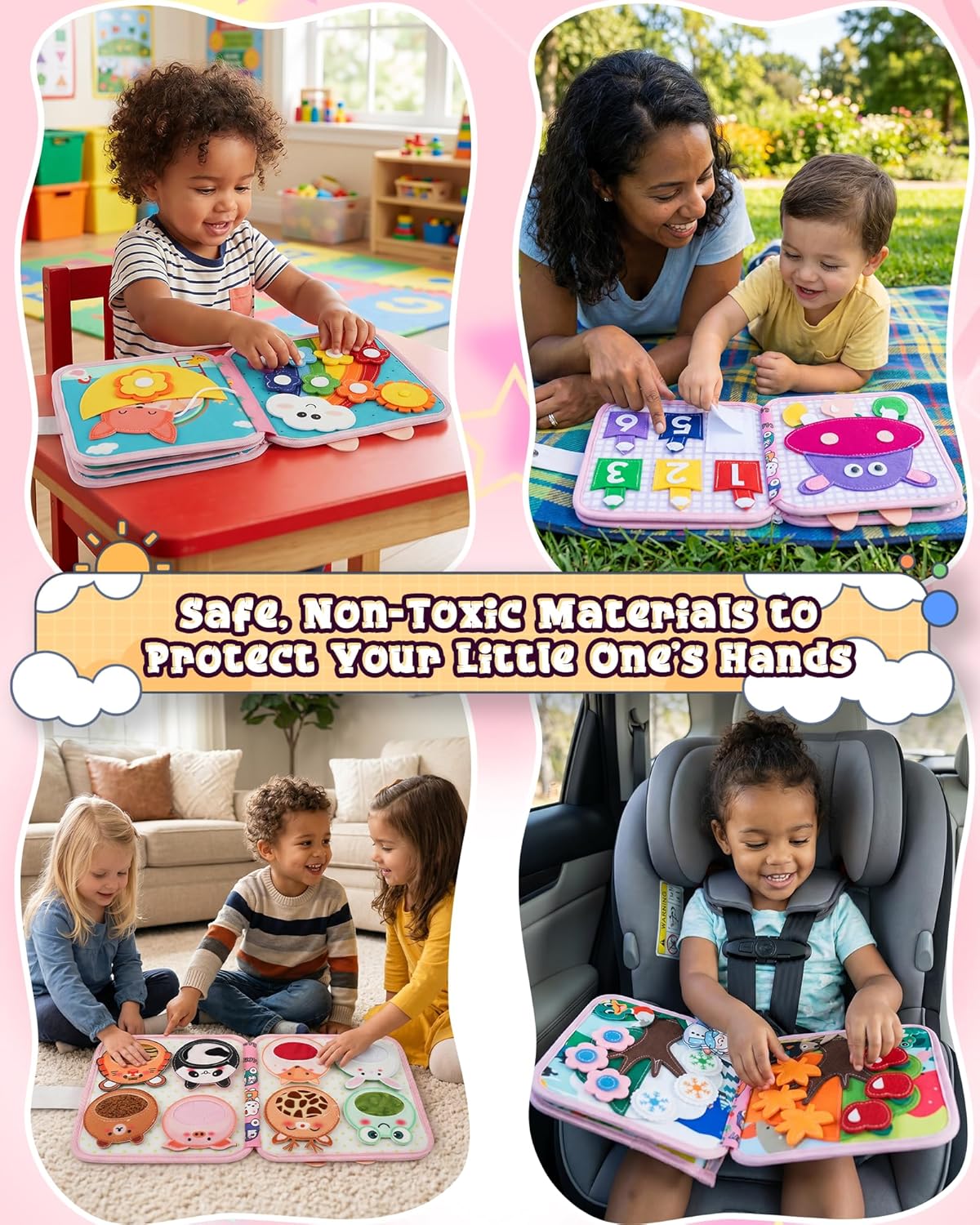 Montessori Busy Book for Toddlers, 8-Page Sensory Activity Book for Fine Motor Skills & Basic Dress Learning, Portable Travel Toy for Preschool Kids, Birthday Gift for Boys and Girls (Blue)