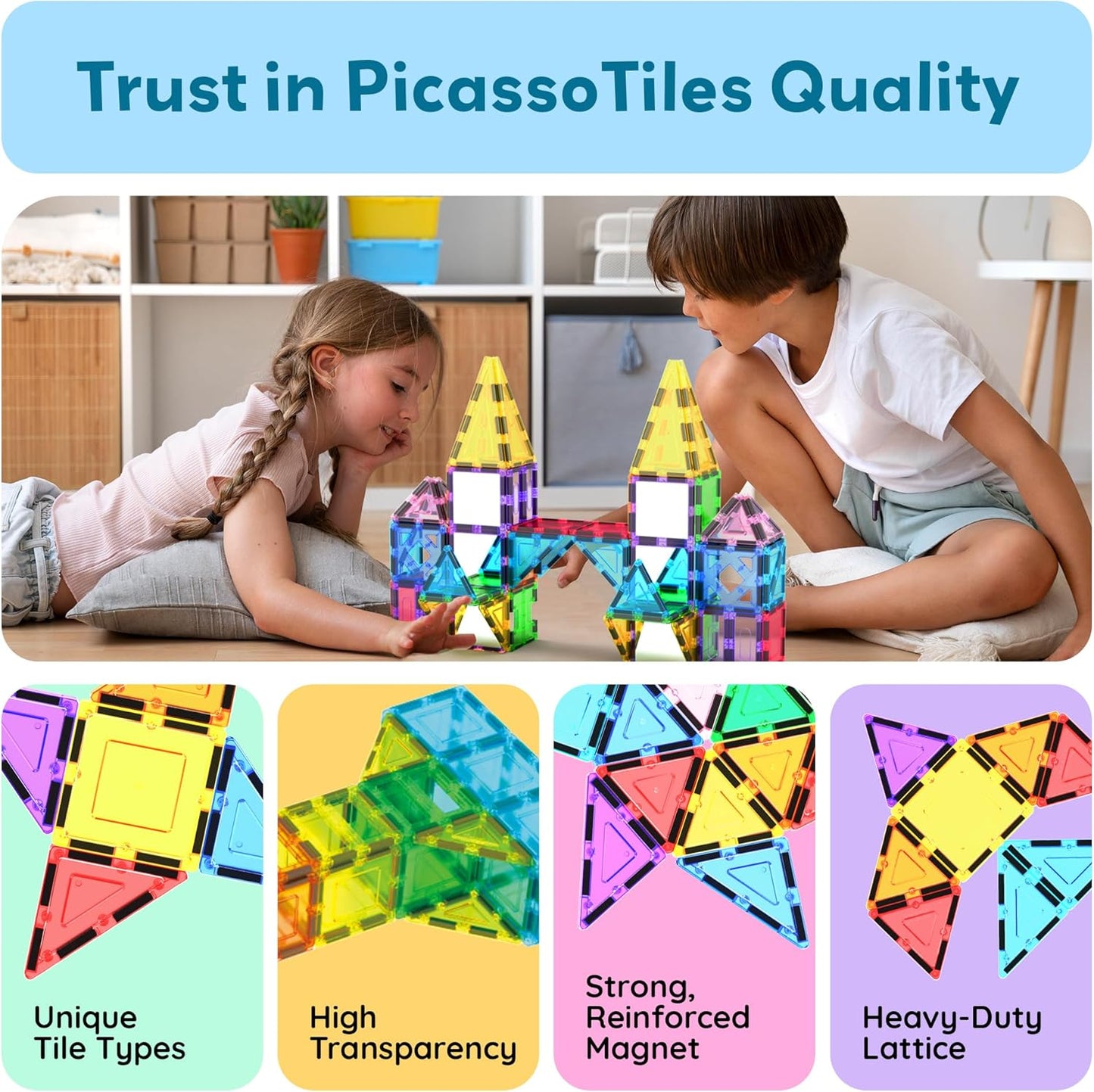 PicassoTiles Magnetic Building Block Set Geometry Shape Magnet Tiles Construction Toy STEM Learning Kit Educational Playset Playboard Pretend Play Stacking Blocks Child Brain Development PT16