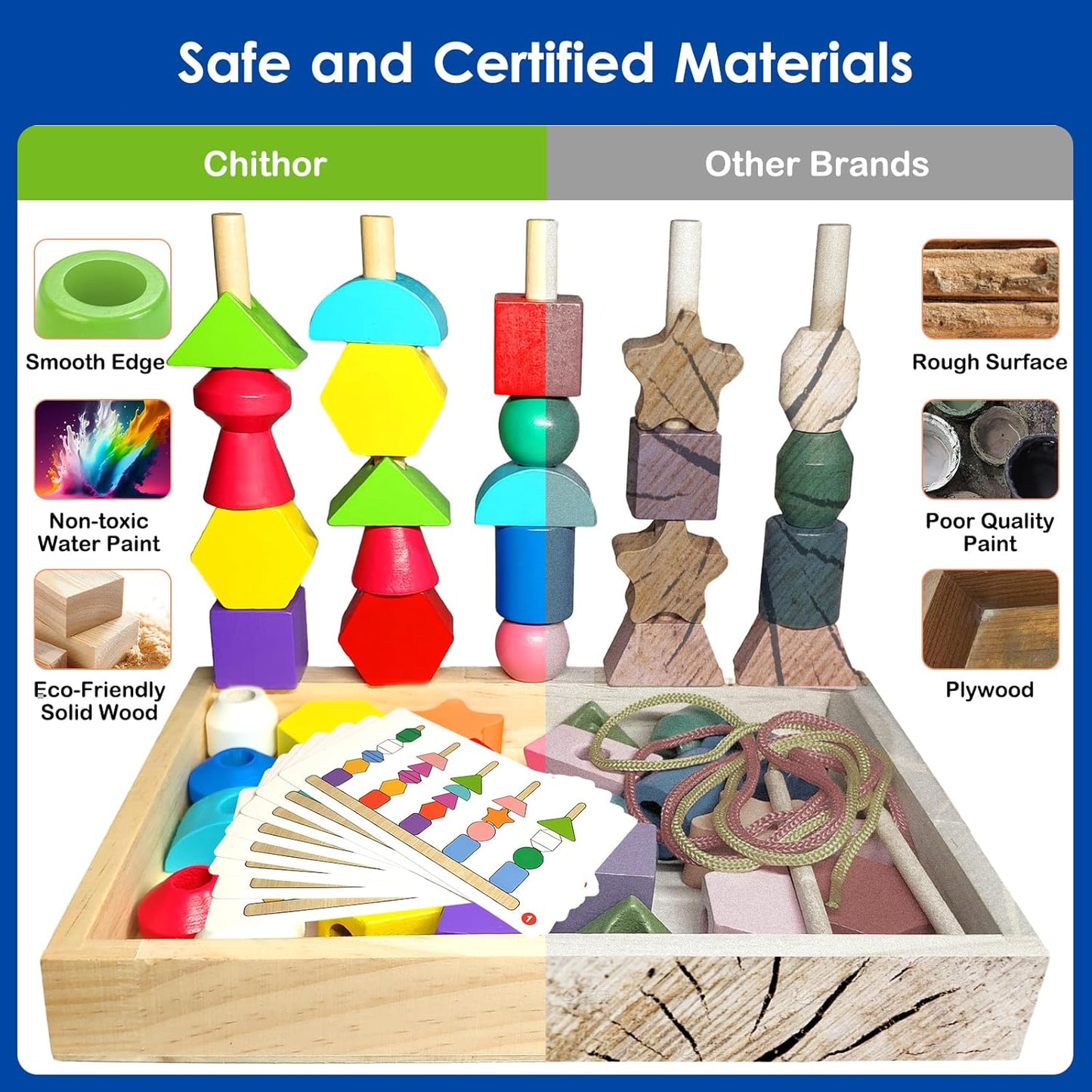 Montessori Wooden Beads Sequencing Toy Set, Sorting Stacking Blocks & Lacing Beads & Shape Matching Stacker for 2 3 4 5 Years Kids Preschool Learning Fine Motor Skills Toys Gifts for Toddler Boy Girl