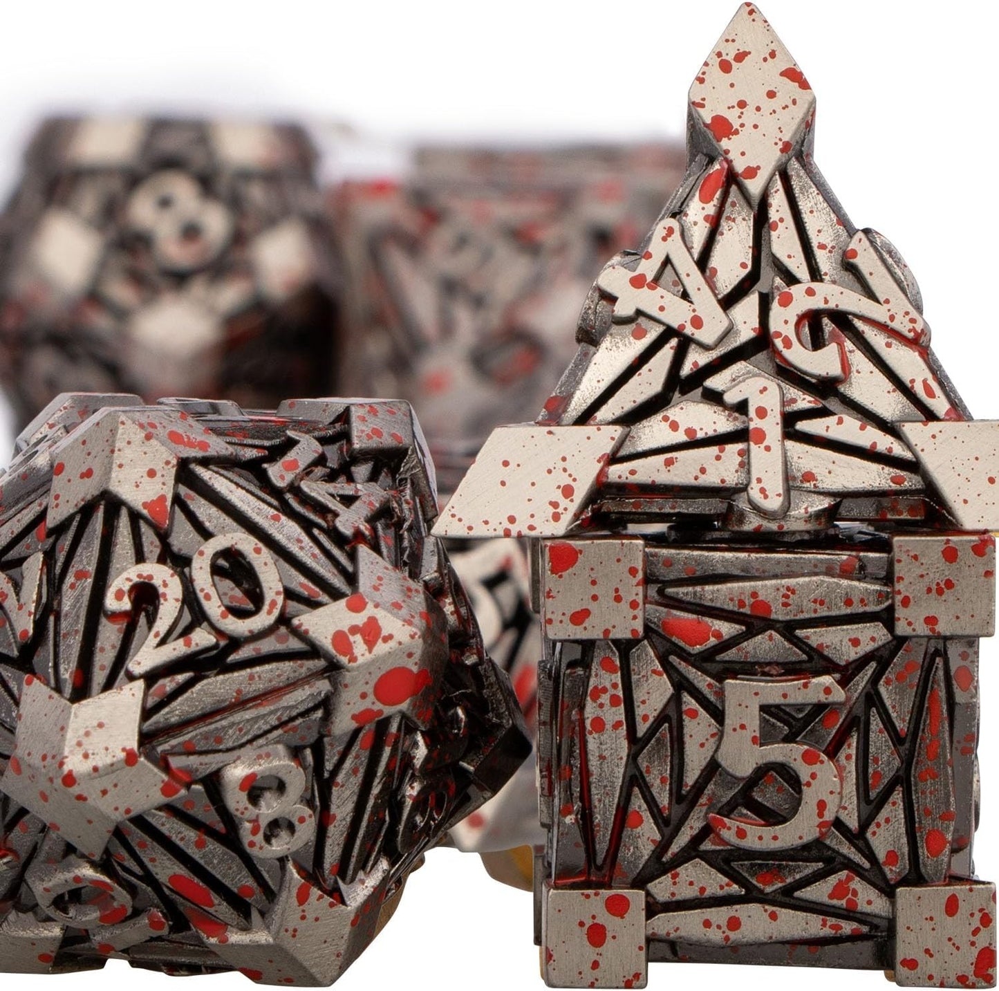 7PCS Metal DND Dice Set with Box, Debris RPG Blue White D and D Dice for D&D Tabletop Games Role Playing Game Polyhedral Dice Set D20 D12 D10 D8 D6 D4