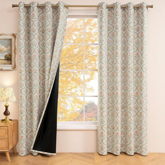 ColorBird 100% Blackout Curtains for Nursery Girls Bedroom Decor Floral Green and Pink Block Print Patterned Cottage Core Curtains & Drapes 84 Inches for Living Room Window Treatments