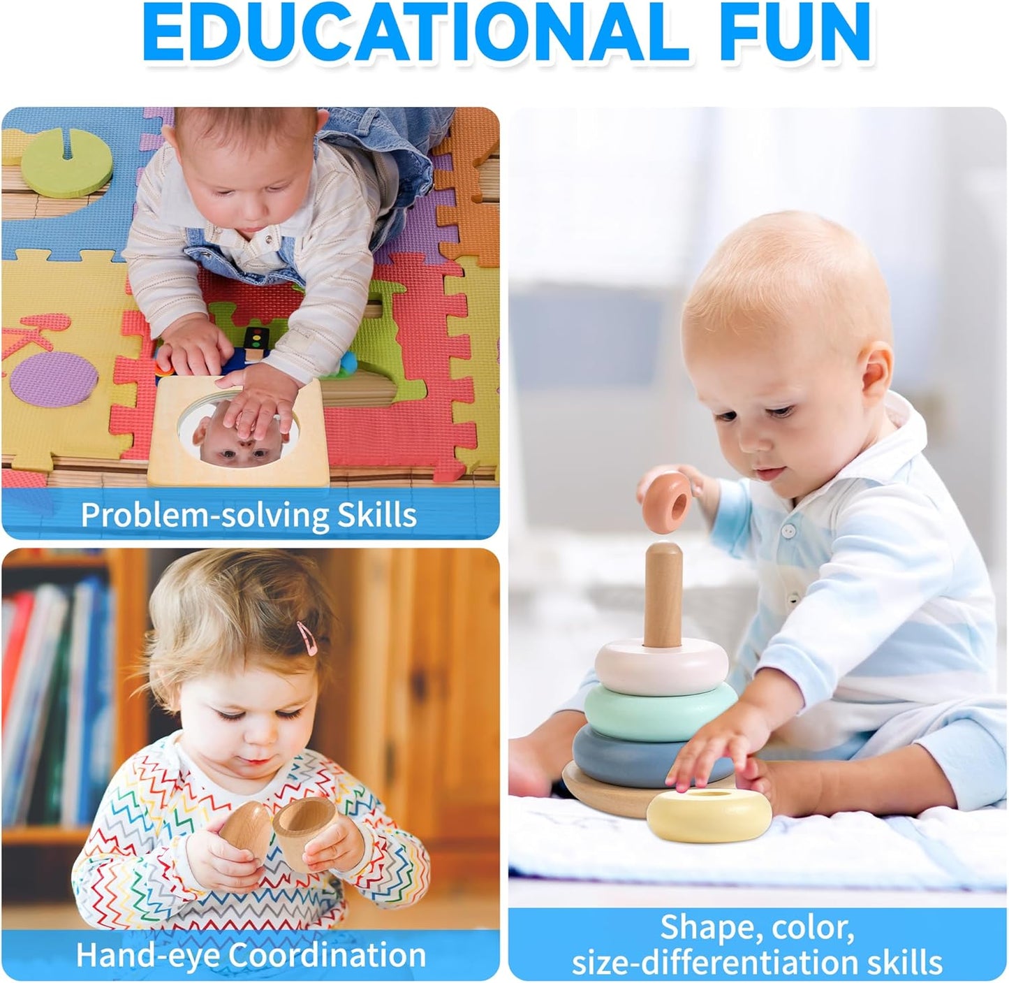 WOODMAM Montessori Toys for Babies 7-12 Months, 9 in 1 Educational Wooden Toys Set, Includes Object Permanent Box, Stacking Cups, Mirror Puzzle, Ring Stacker and More