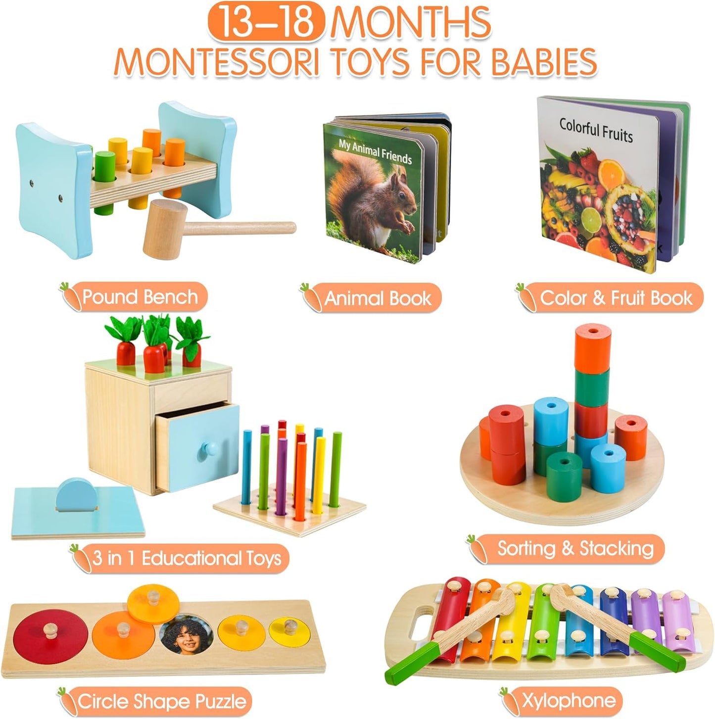 WOODMAM Montessori Toys for Babies 7-12 Months, 9 in 1 Educational Wooden Toys Set, Includes Object Permanent Box, Stacking Cups, Mirror Puzzle, Ring Stacker and More