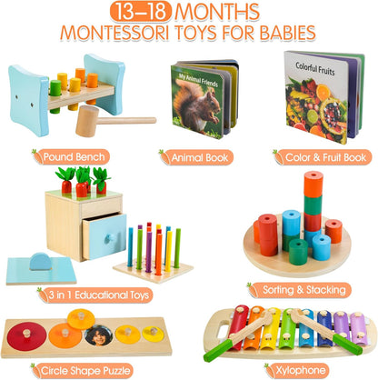 WOODMAM Montessori Toys for Babies 7-12 Months, 9 in 1 Educational Wooden Toys Set, Includes Object Permanent Box, Stacking Cups, Mirror Puzzle, Ring Stacker and More