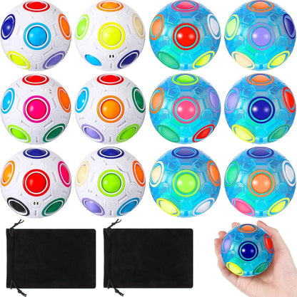 12 Pack Rainbow Puzzle Magic Ball With 2 Pcs Pouches - Fidget Toy for Boys and Girls, Speed Cube, Funny Stress Reliever for Kids, Teens and Adults (White)