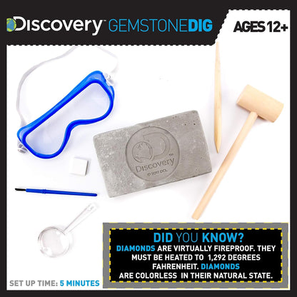 Discovery Kids Gemstone Dig Stem Science Kit by Horizon Group Usa, Excavate, Dig & Reveal 11 Real Gemstones, Includes Goggles, Excavation Tools, Streak Plate, Magnifying Glass & More