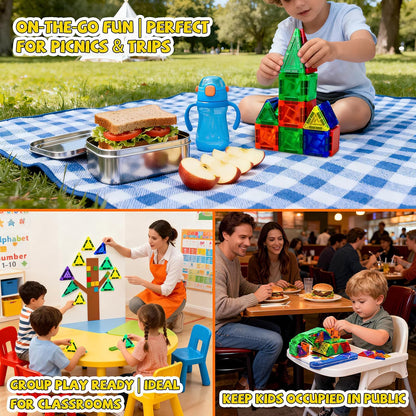 Mini Magnetic Tiles,42PCS Magnetic Building Blocks with Metal Storage Box,STEM Toys for Kids Ages 3+,Sensory Toys for Kids with Autism