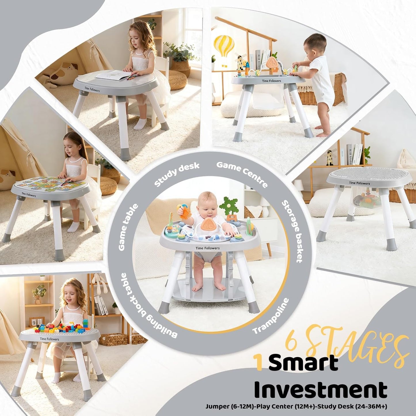 Time Followers® 6-in-1 Baby Activity Center | 4 Stage Montessori-Inspired Toys | Grow Stationary Standing Toddler Table | Jumpers & Bouncers | Must Have for Boy & Girl 6, 12, 24+ Month Old (White)