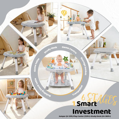Time Followers® 6-in-1 Baby Activity Center | 4 Stage Montessori-Inspired Toys | Grow Stationary Standing Toddler Table | Jumpers & Bouncers | Must Have for Boy & Girl 6, 12, 24+ Month Old (White)