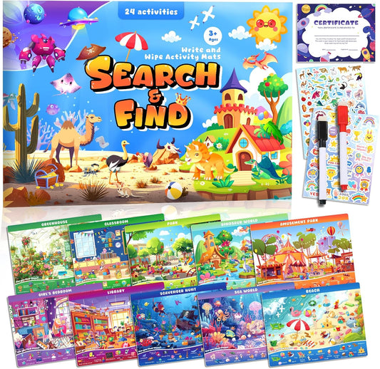 Search and Find Books for Kids Ages 3-5; Road Trip Activities for Ages 4-8, 24 Themes Activity Book with 2 Dry Erase Markers