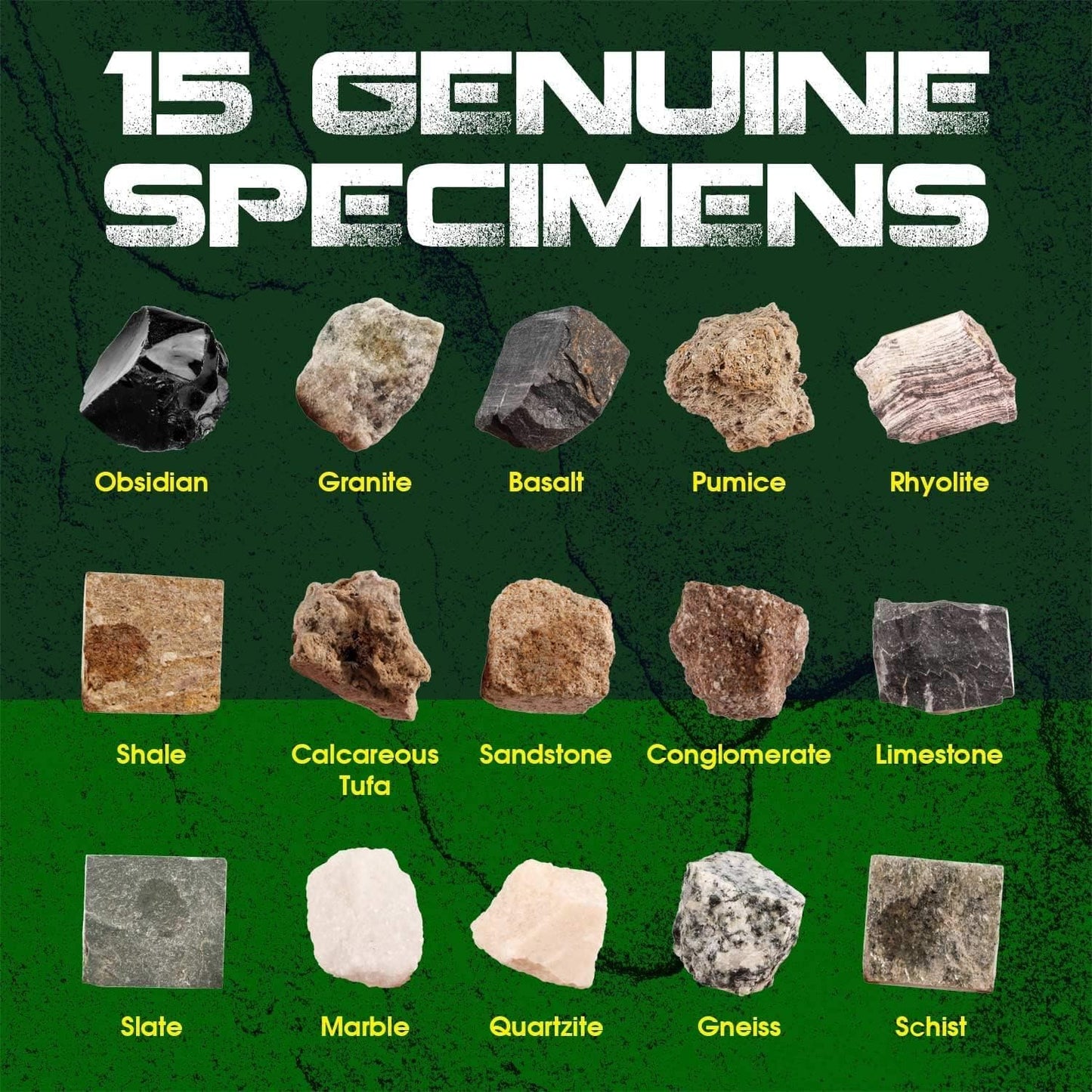 Rocks Collection - 15-Piece Rock Collections for Kids - Cool Geology Gem Kit with Identification Sheet - Gemstones Set Box with Learning Guide and Storage Case - Educational Gift for Kid