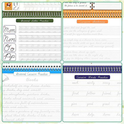 4-Pack Reusable Grooved Cursive Handwriting Workbooks with Disappearing Ink Pens, Cursive Practice Kit for Letters, Words, Sentences & Reading, Cursive Handwriting Workbook Ages 6–12