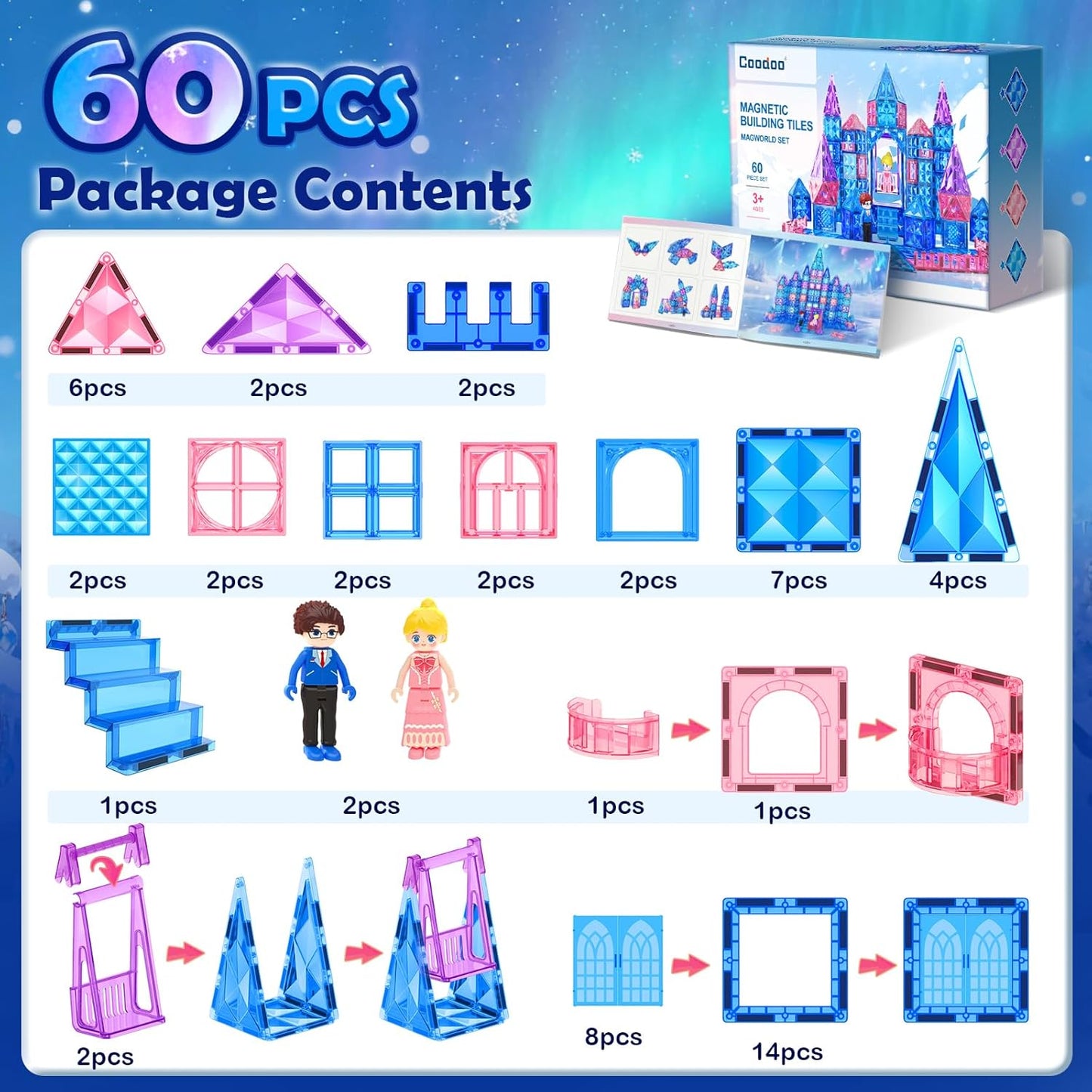 Coodoo Diamond Magnetic Tiles Magnetic Building Blocks STEM Sensory Toy for Boys Girls Pink Castle Dollhouse Pretend Princess Toys for 3 4 5 6 Year Old Girls Toys Birthday Xmas Present