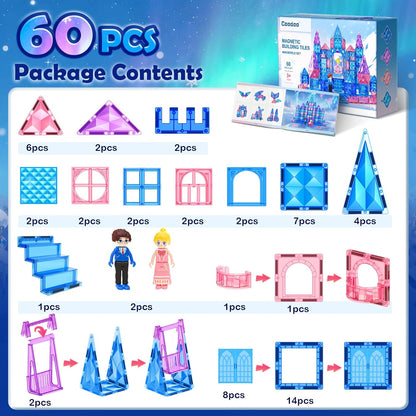 Coodoo Diamond Magnetic Tiles Magnetic Building Blocks STEM Sensory Toy for Boys Girls Pink Castle Dollhouse Pretend Princess Toys for 3 4 5 6 Year Old Girls Toys Birthday Xmas Present