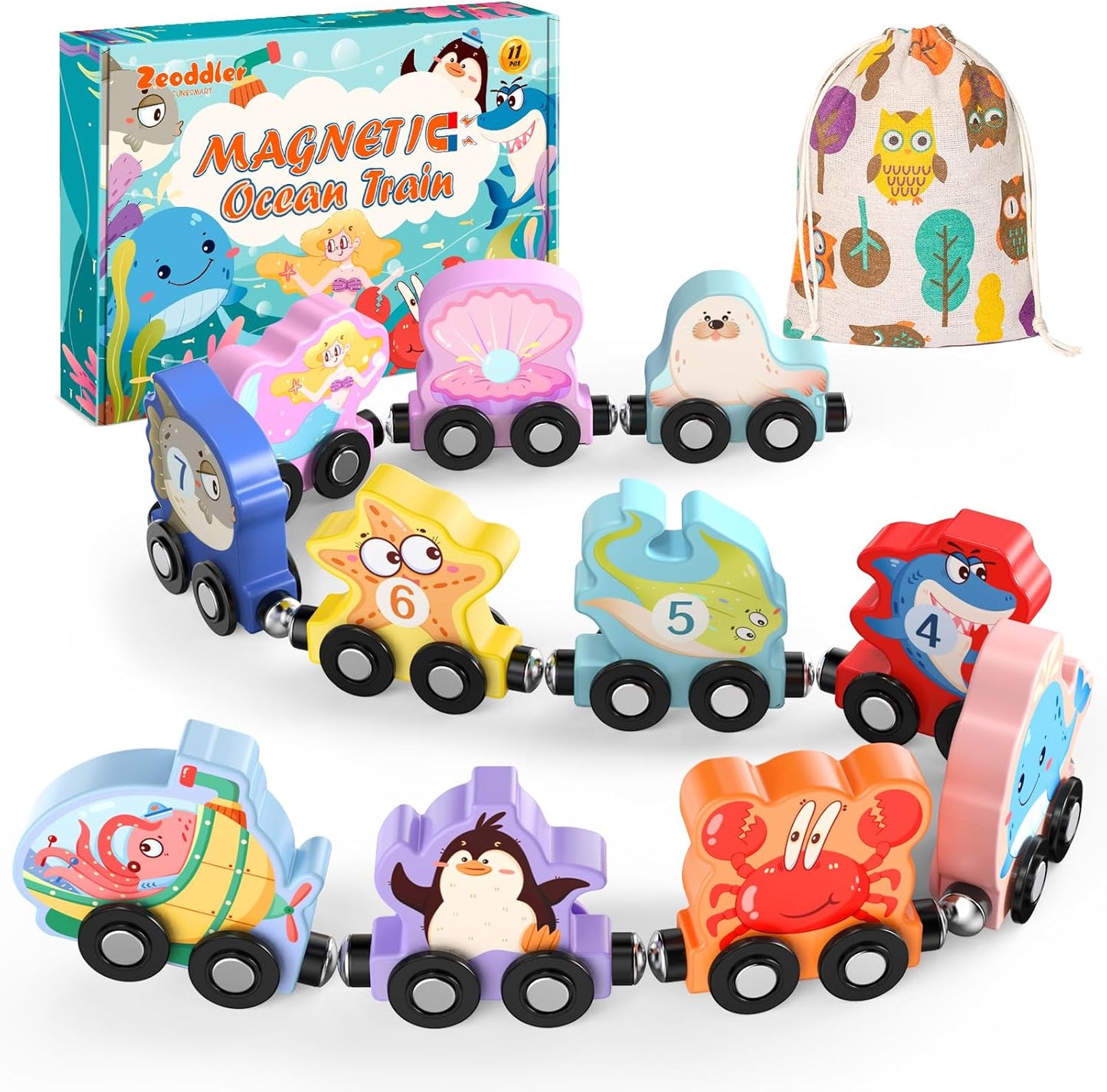 Zeoddler Toys for Toddlers, 11 Magnetic Wooden Animals Train Set, Montessori Toys for Toddlers, Preschool Learning Activities for Kids, Birthday Gifts for Boys, Girls