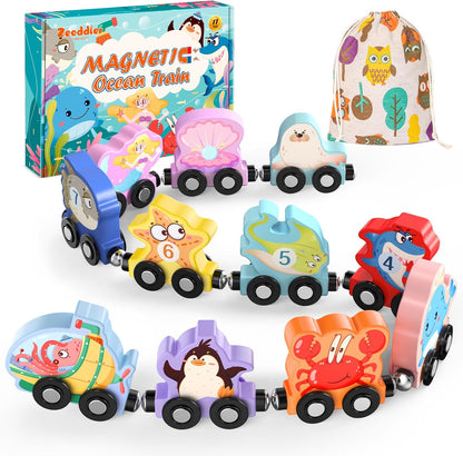 Zeoddler Toys for Toddlers, 11 Magnetic Wooden Animals Train Set, Montessori Toys for Toddlers, Preschool Learning Activities for Kids, Birthday Gifts for Boys, Girls
