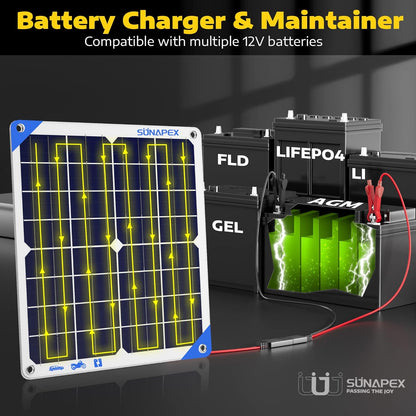 SUNAPEX 12V 10 Watt Solar Trickle Charger Maintainer - Waterproof Solar Powered Battery Charger - Solar Panel Kit Built-in Smart Charge Controller for Car Rv Trailer Truck Boat Automotive Marine