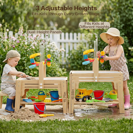 Water Table for Toddlers, Adjustable Height Wooden Sand and Water Table with 2 Collapsible Bins, Acrylic Activity Board, Water Track Toys & 16-Piece Play Set, Indoor Outdoor, Ages 3+