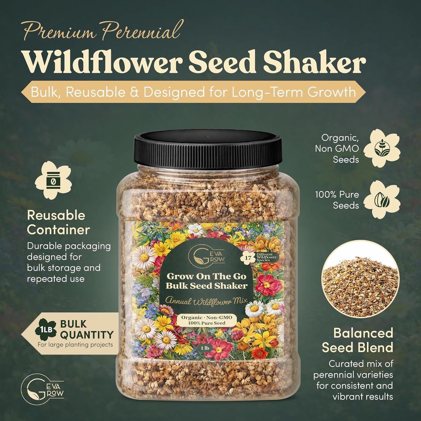 Mini Wildflower Seed Shaker - Save The Bees Seed Mix, by GevaGrow | 80,000+ Seeds | Pollinator & Bee Attracting Flower Seeds Bulk for Planting in Pots & Outdoor Gardens | 2 Ounce