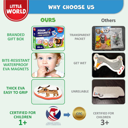Little World Large Set of Safe and Durable Fridge Magnets for Toddlers 1-3 | Foam Refrigerator Magnets for Kids with Gift Box | Waterproof, Non-Toxic Cars & Vehicles Magnets for Children and Babies 1+