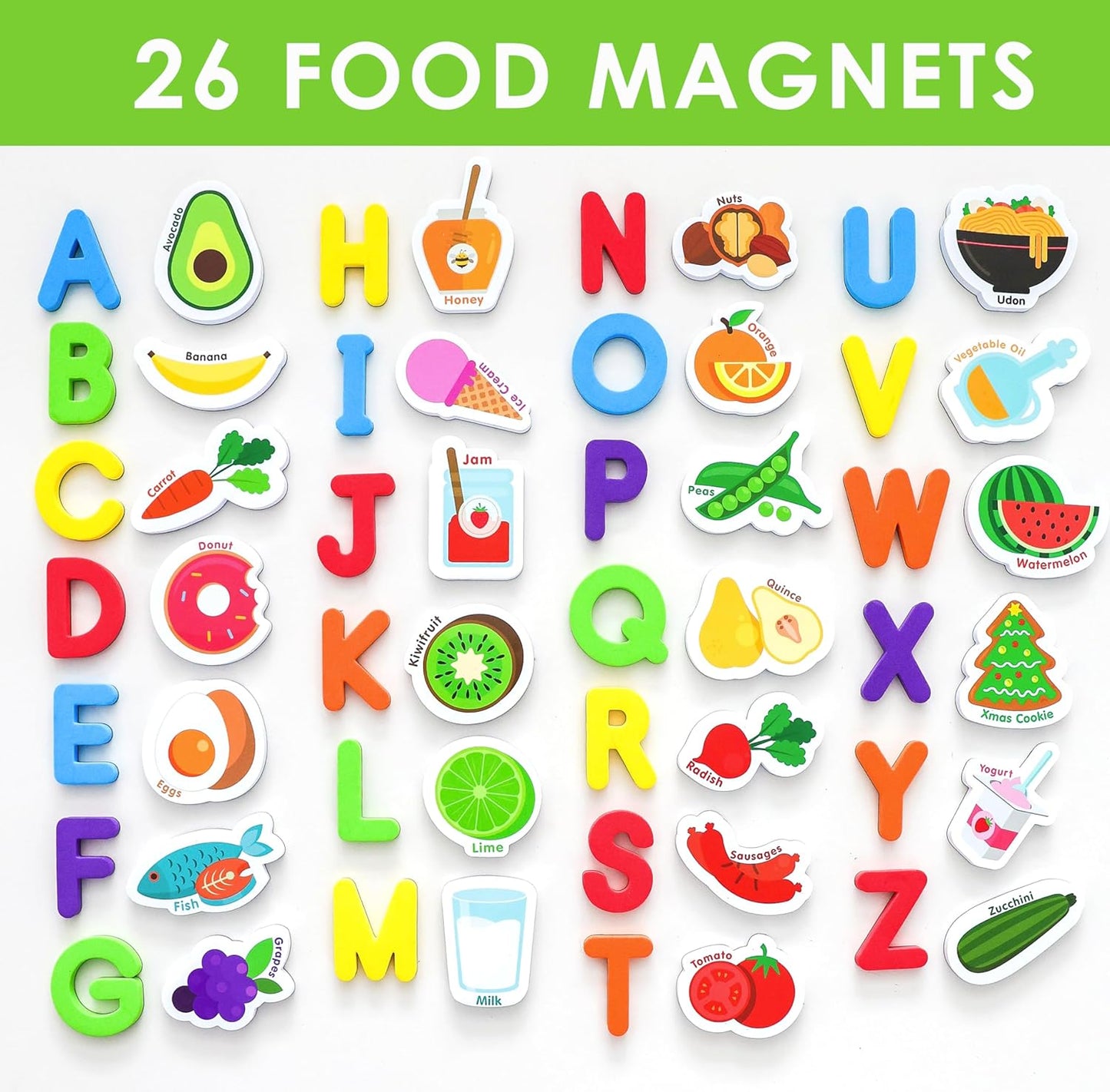 Curious Columbus Learning Magnets – Set of 52 Fridge Magnets for Kids – Includes 26 Large Foam Food Pieces and 26 ABC Alphabet Letters for Learning and Play