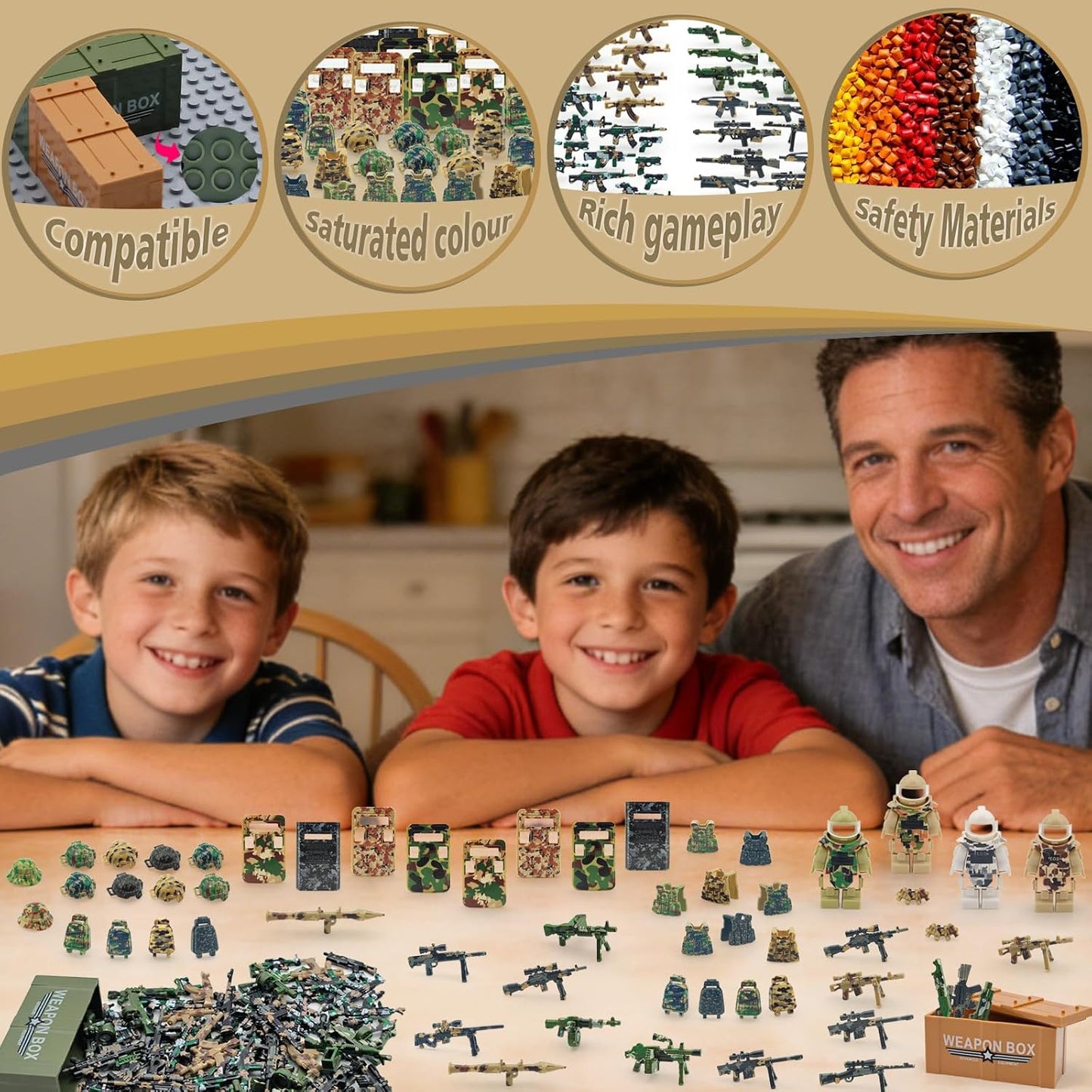 Military Minifigure Camouflage Accessories Set with Weapon Boxes, Army Weapons Guns Helmets E.O.D Suits Shields Tactical Gear Building Blocks Soldiers Kit for Kids Compatible with Major Brands