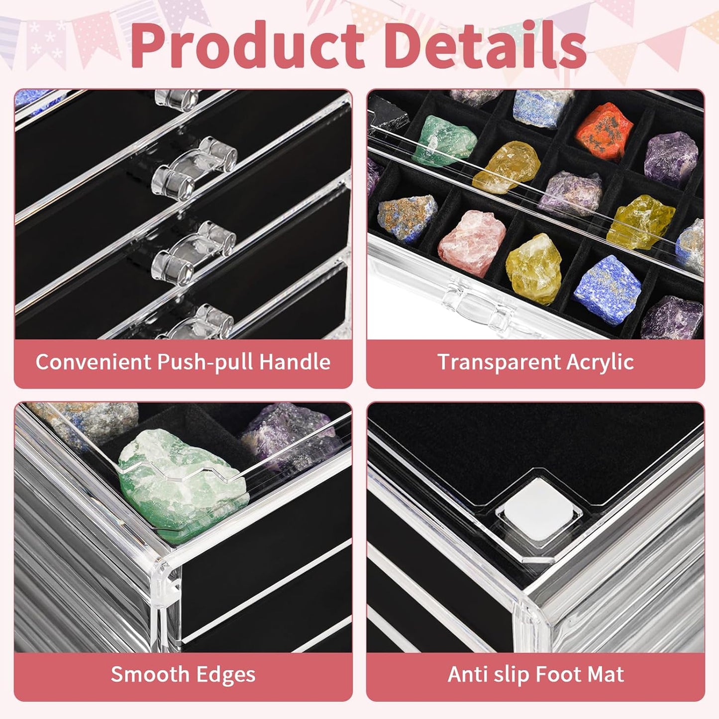 Bfttlity Acrylic Rock Display Case,54 Grids Rock Collection Box for Kids with Mini Magnifying Glass and Gloves, Clear Display Cases for Stones Collectibles Gemstone Crystals Storage Boxes