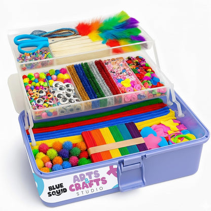 Blue Squid Arts & Crafts Box (Blue)- 2800+ pcs Deluxe Craft Supplies Box, 2 Drawers, 18 Compartments, Sturdy Handle - Art Crafting Kit Birthday Gifts for Kids, School Supply for Ages 4-12
