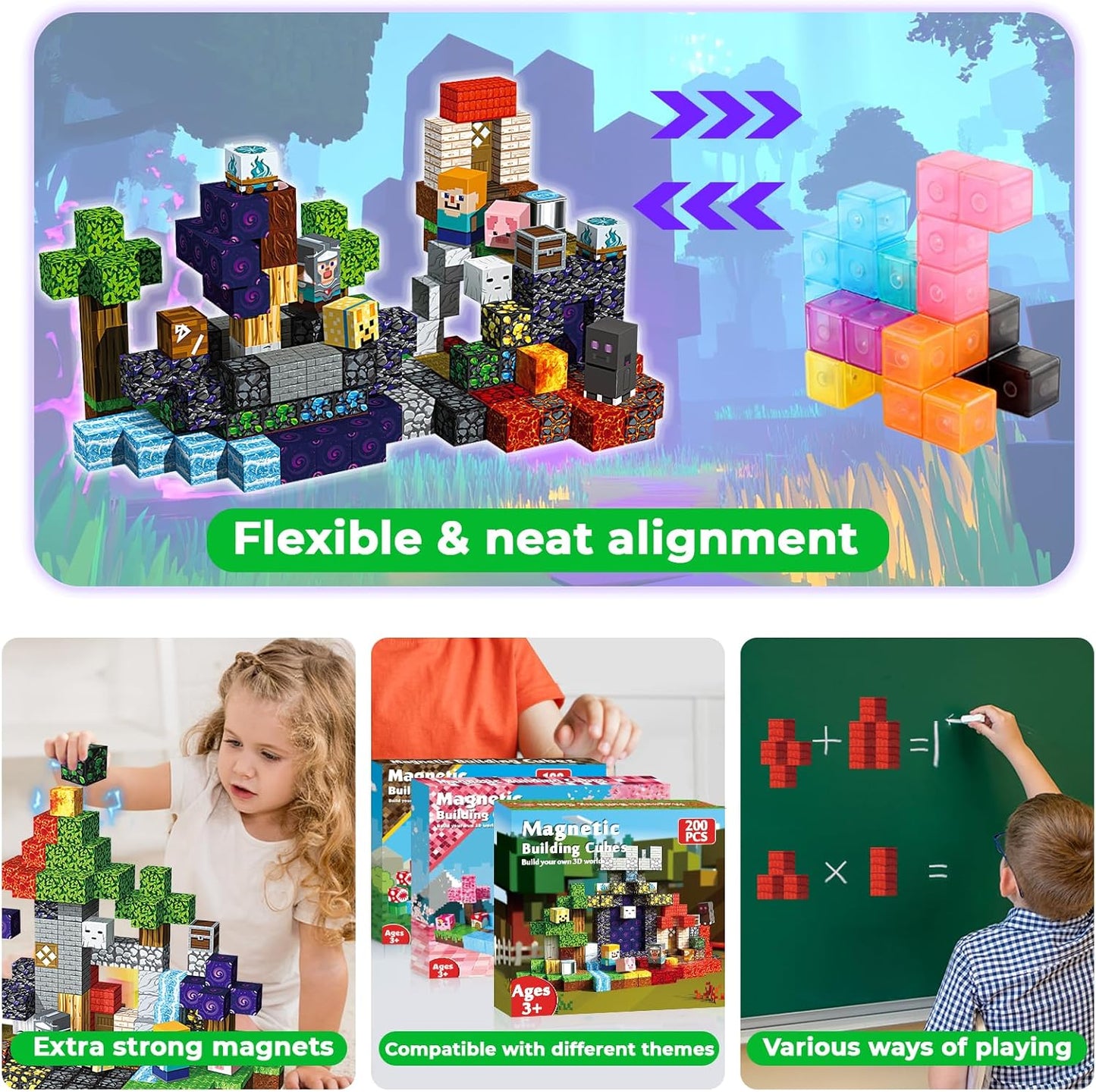 Magnetic Blocks - 200PCS Magnetic Blocks with 6 Base Plate, Magnetic Building Blocks for Kids Ages 4 5 6 7 8, Stacking Magnets for Kids, Birthday Gifts for 3-10 Year Old Boy Girls, STEM Toys