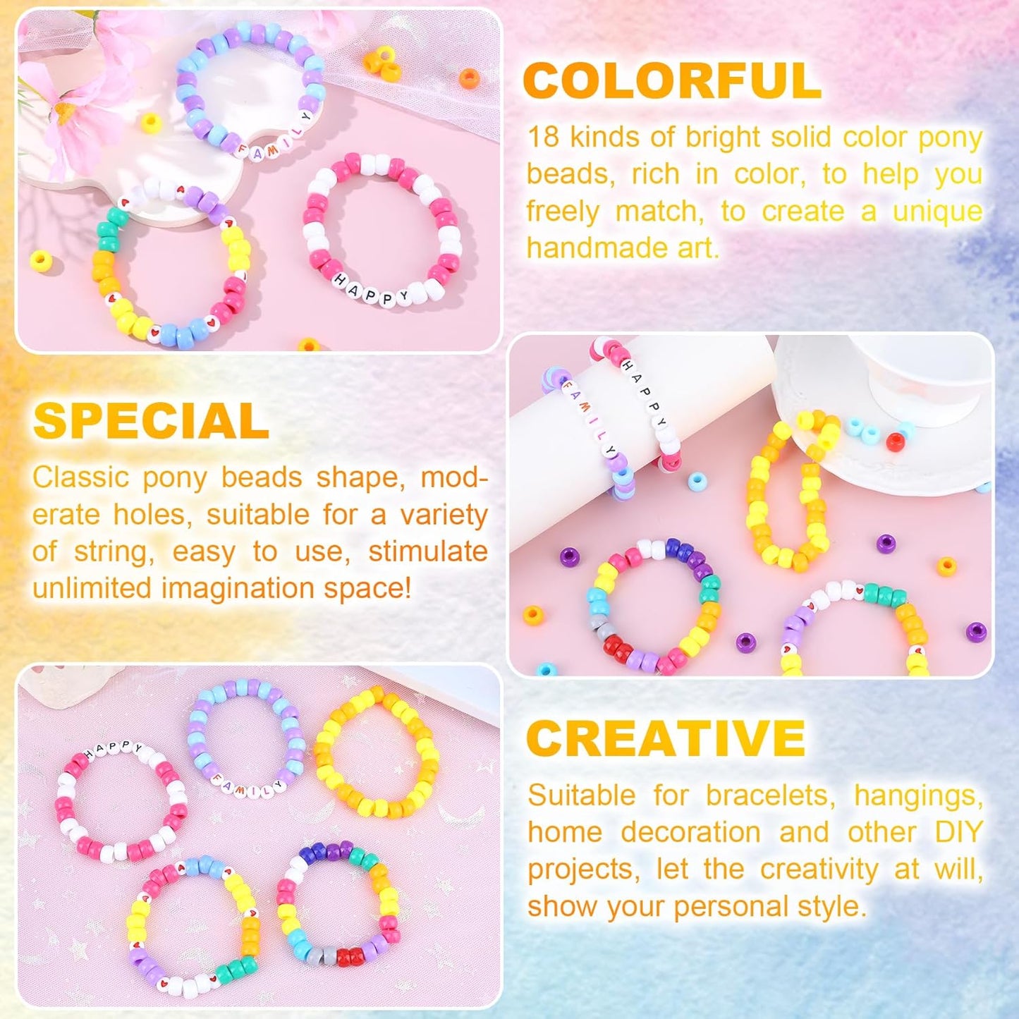 1720+pcs Pony Beads Kit 1830pcs 6 Style Letter Alphabet Beads Rainbow Plastic Pony Bead Bulk Multicolor Kandi Bead Elastic String DIY Crafts Jewelry Making Kit for Bracelets Necklaces