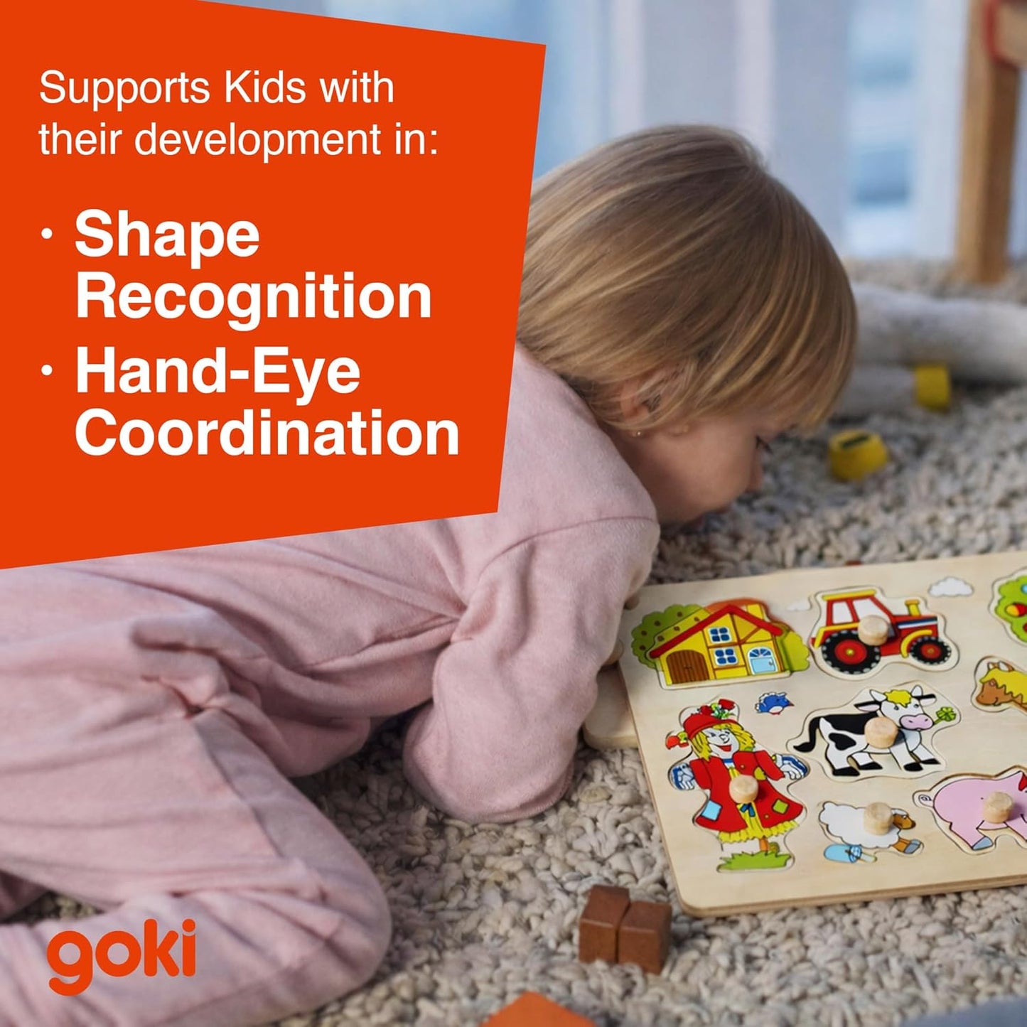 GOKI Wooden Puzzles for Toddlers 1-3 Farm Animal Peg Puzzle with Jumbo Knobs Ages 1+ Educational Montessori Toys for Shape Recognition & Fine Motor Skills - 9 Pieces-Designed with Love in Germany