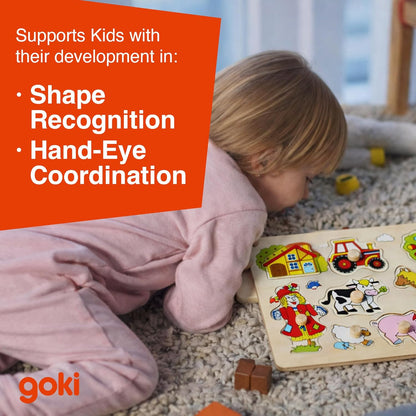 GOKI Wooden Puzzles for Toddlers 1-3 Farm Animal Peg Puzzle with Jumbo Knobs Ages 1+ Educational Montessori Toys for Shape Recognition & Fine Motor Skills - 9 Pieces-Designed with Love in Germany