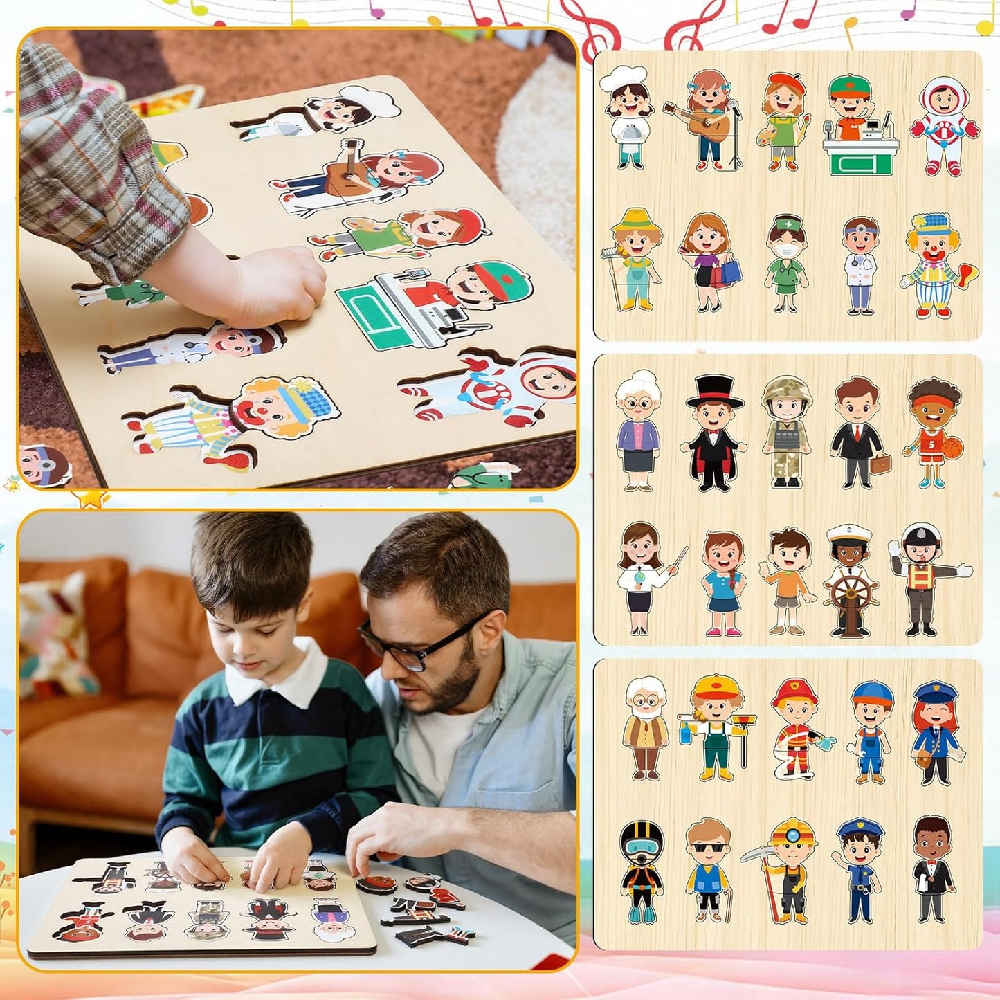 Civaner 3 Set Wooden Puzzle for Toddlers Kids 30 Pcs Wooden Community Helpers Toys People Figures Occupations Interchangeable Dress up Peg Puzzles Educational Social Learning Supplies for Boys Girls