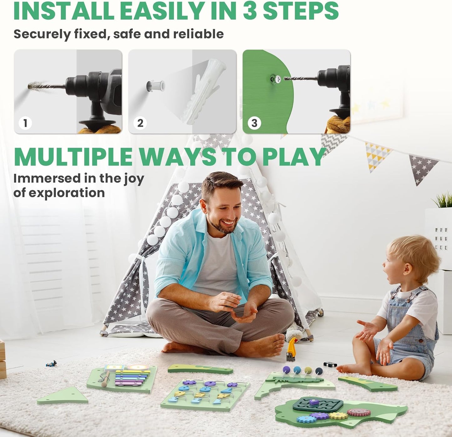 BlueWood Wooden Wall Busy Board Panels, Toddler Learning Activity Center, Montessori Philosophy Sensory, Educational Toys, Conducive to All-Round Development - Whale