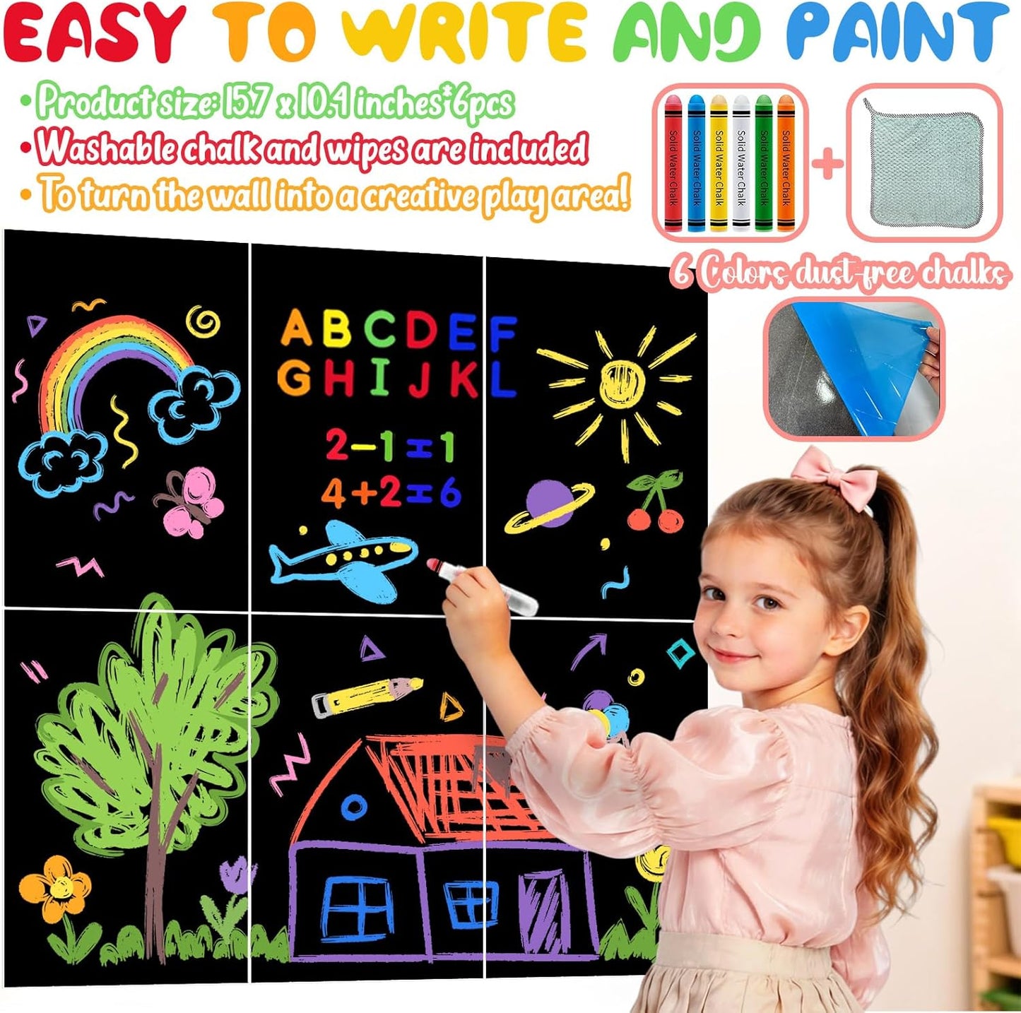 8 PCS Magnetic Wall Decals for Kids Magnetic Chalkboard Peel and Stick Magnet Sheets Board Sticker Tangram Puzzle Self Adhesive Contact Paper Dry Erase Blackboard for Playroom Homeschool 15.7"x10.4"