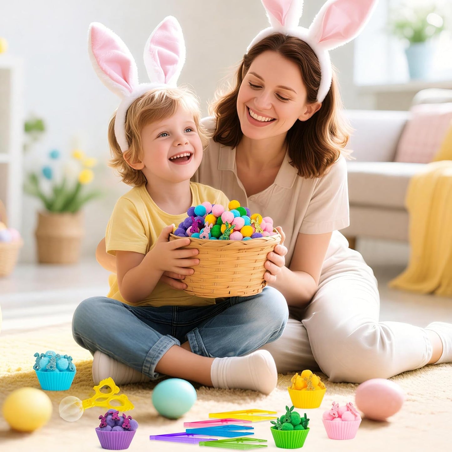 EZdhuawuse Summer Sensory Bin Fillers - 268P Fine Motor Toy Counting Sorting Set for Kid Birthday Easter Gift, Felt Phrases Heart Colorful Pom Poms Cup Clip for Preschool Education Activities