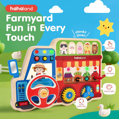 hahaland Montessori Busy Board for Toddlers 3-5, 18-in-1 Wooden Sensory Activity Board with LED Lights & Switches, Educational Montessori Toy for Fine Motor Skills, Kids Gift