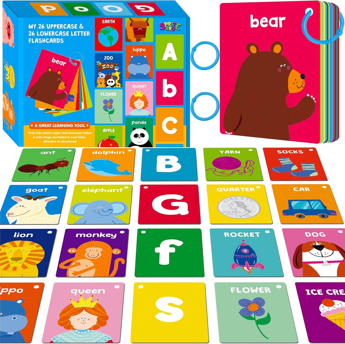50 PCS Kid First Cognitive Flashcards,Double Sided Printed 7 in 1 Colorful Cards Alphabet,Numbers, Foods,Animals,Shapes,Colors with 3 Reclosable Rings,Learning Tool for Pre-K Kindergarten Toddlers