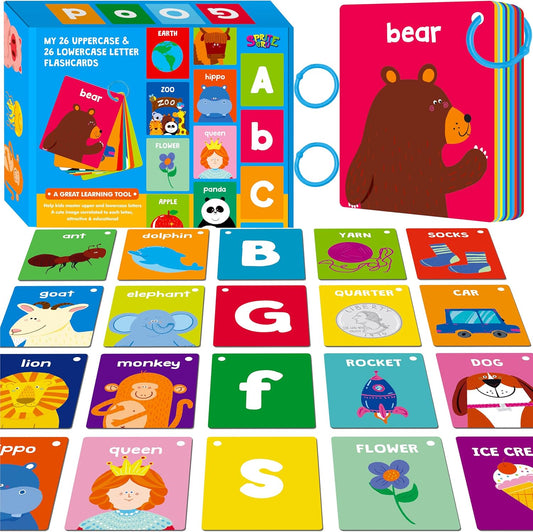 50 PCS Kid First Cognitive Flashcards,Double Sided Printed 7 in 1 Colorful Cards Alphabet,Numbers, Foods,Animals,Shapes,Colors with 3 Reclosable Rings,Learning Tool for Pre-K Kindergarten Toddlers