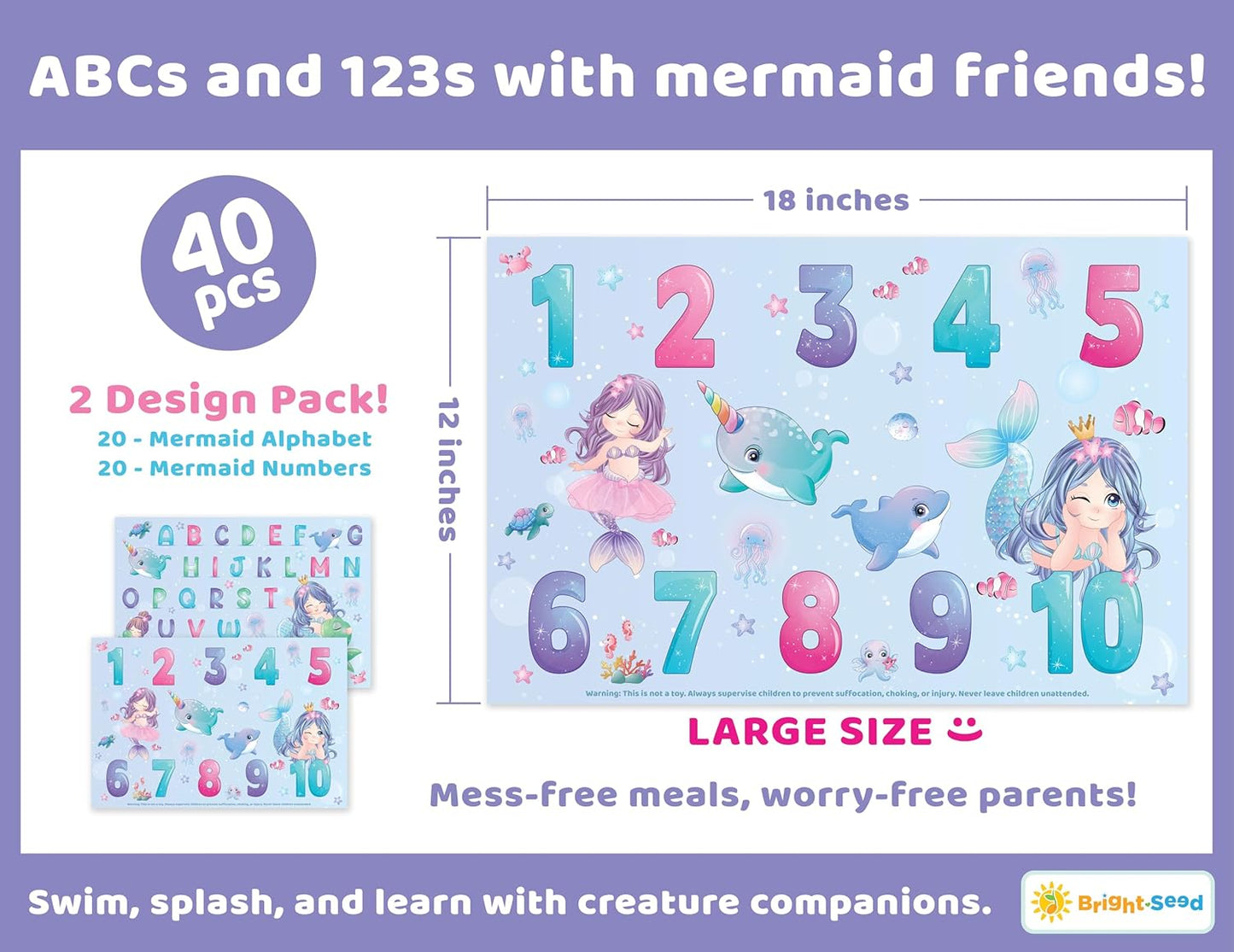 Bright Seed Disposable Placemats for Baby, Toddlers and Kids, Animals ABC & Numbers, 40 Disposable Baby mats for Restaurant, Dining Table & Travel, Learning Placemats for Kids, Toddler Travel