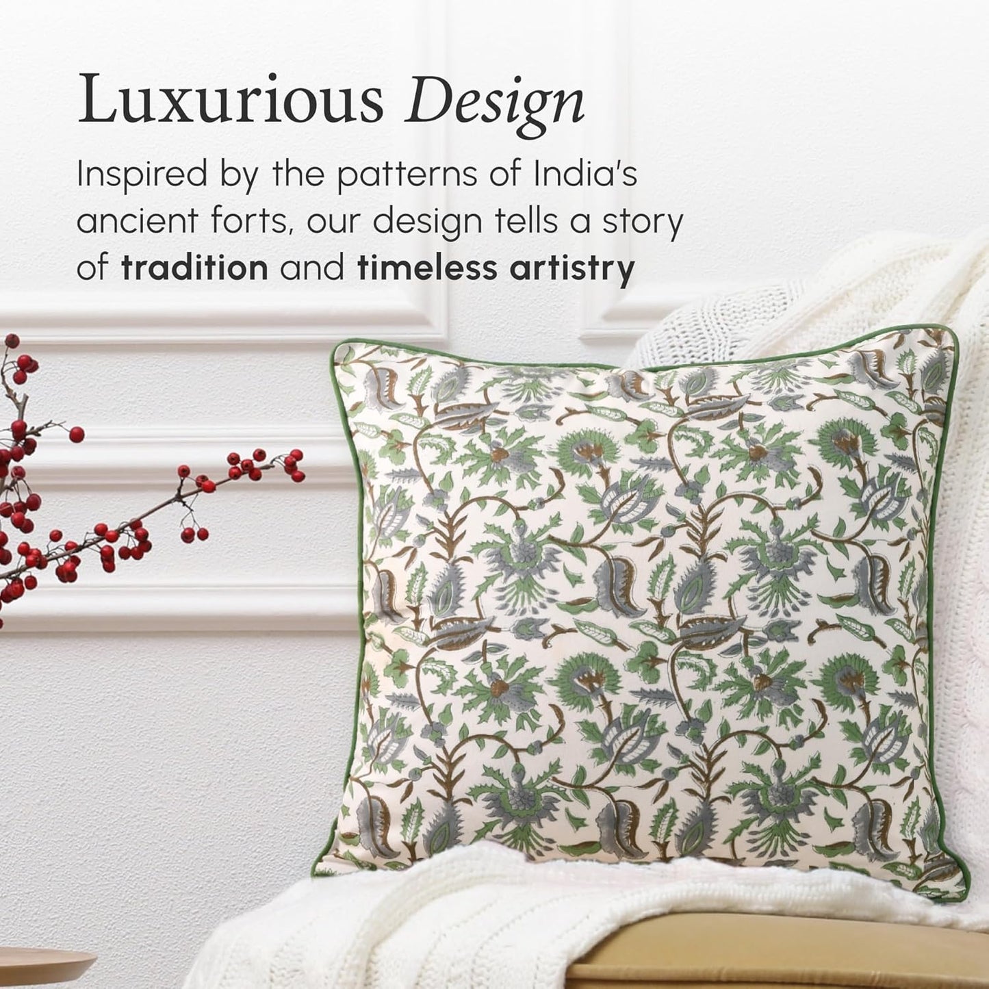 CPC 100% Cotton Throw Pillow Covers 18x18 Inch, Set of 2 Green Block Print Pattern Couch Pillow, Cute Boho Decorative Pillows for Living Room, Bedroom with Hidden Zipper- Agate Green