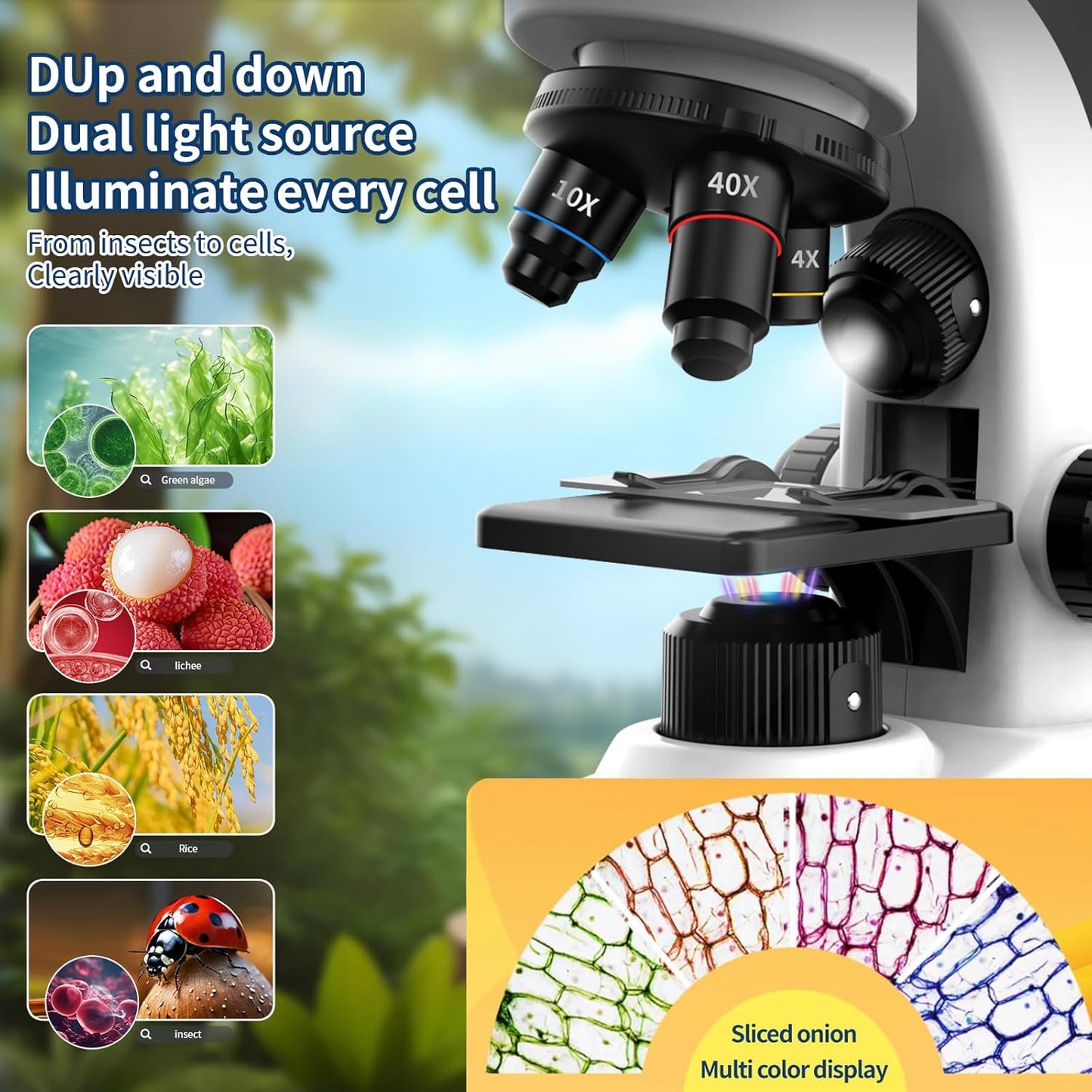 Microscope for Kids Scientific Experiment Kit 40X-1600X Magnification LED Light Educational STEM Kit with Slides and Lab Tools (Blue)