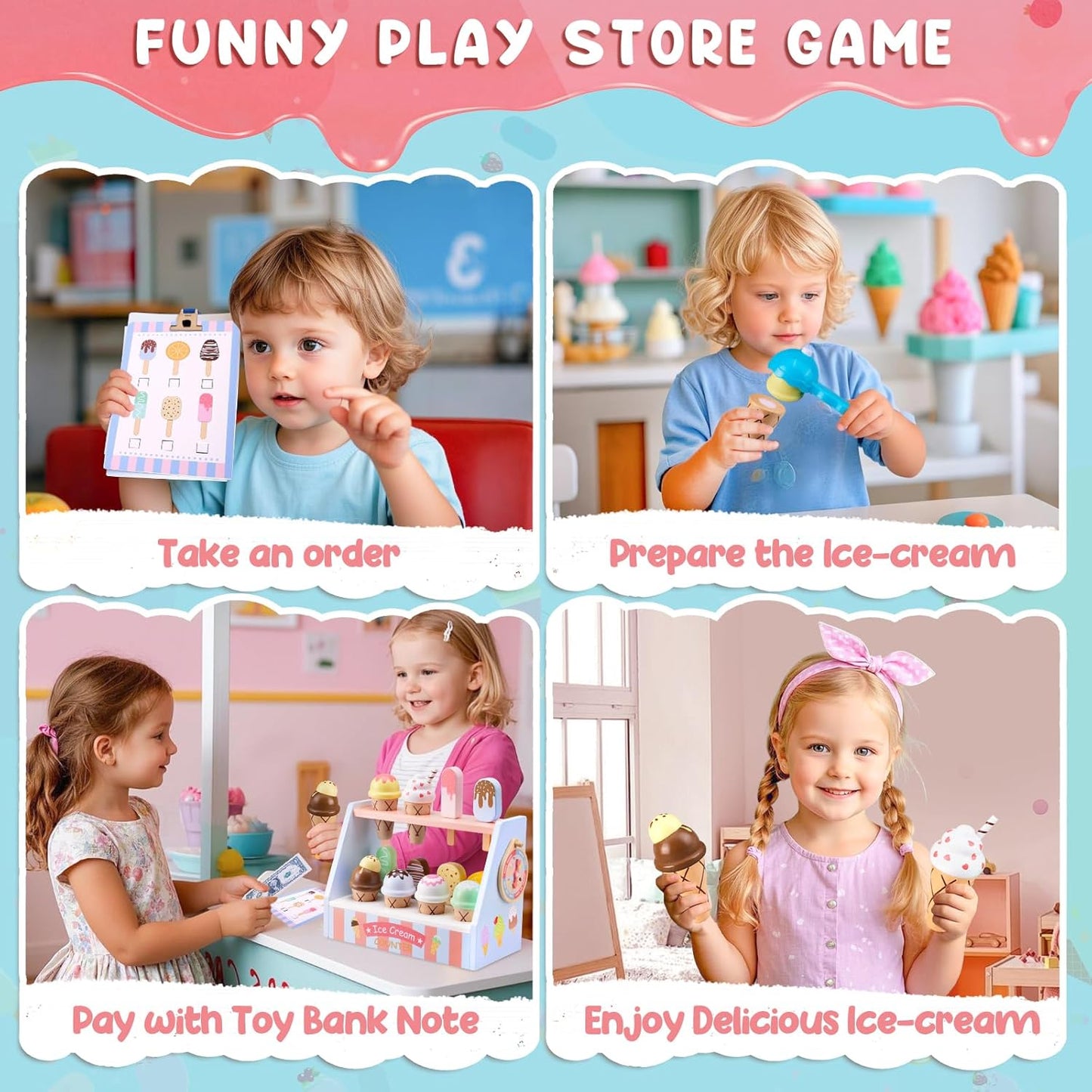 Ehome Wooden Ice Cream Toys Set Pretend Play Food Store for Kids Serve Ice Cream Counter Shop Kitchen Playset with Lucky Wheel, Scoop, Menu, Fake Money for Boys and Girls Ages 3 4 5 6 Birthday Gift