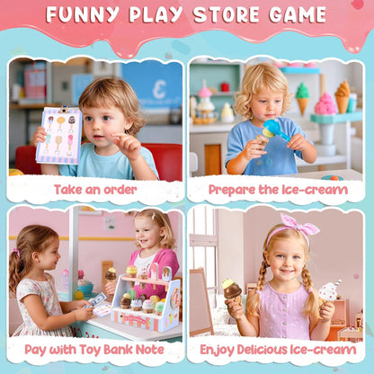 Ehome Wooden Ice Cream Toys Set Pretend Play Food Store for Kids Serve Ice Cream Counter Shop Kitchen Playset with Lucky Wheel, Scoop, Menu, Fake Money for Boys and Girls Ages 3 4 5 6 Birthday Gift