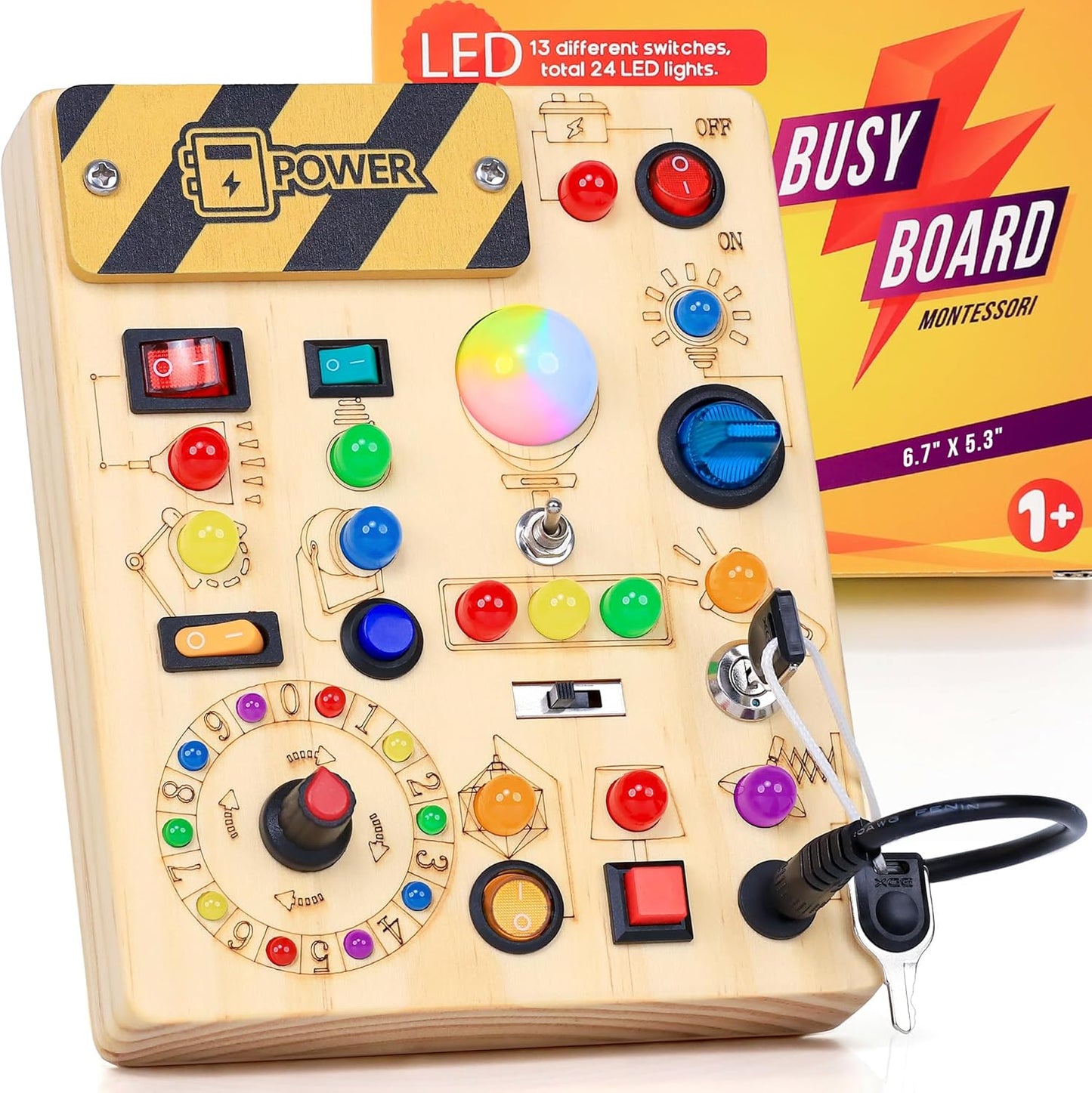 RichBoy Montessori Toy Busy Board with 40 LED Lights, 59-in-1 Sensory Toys for Toddlers, Travel Educational Activity for Airplane, Ideal Christmas Birthday Gift for Boys & Girls (7.8" x 6.5")