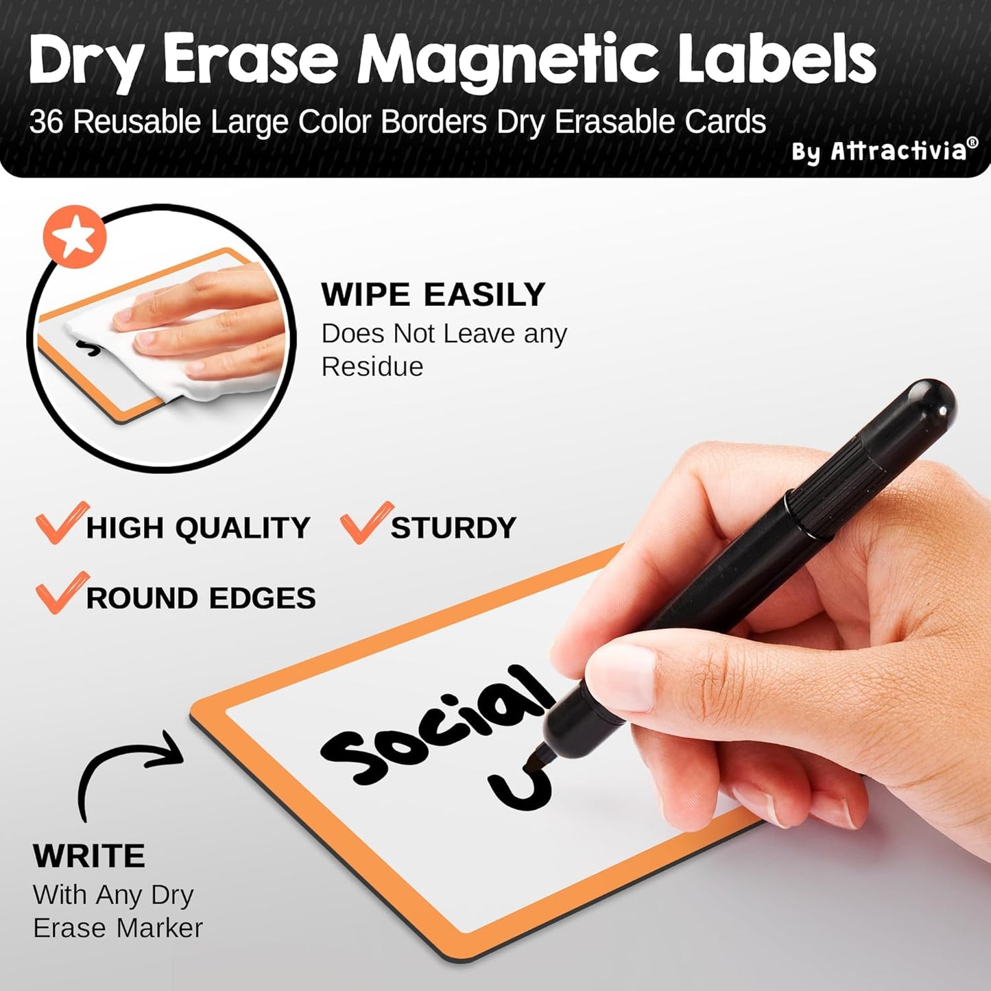 Attractivia Dry Erase Magnetic Labels 7.3 x 5.6 in, Dry Erase Magnets, 20-Pack, White Erasable Write-On All-Purpose Labels, for Office, Education, Home, Whiteboard