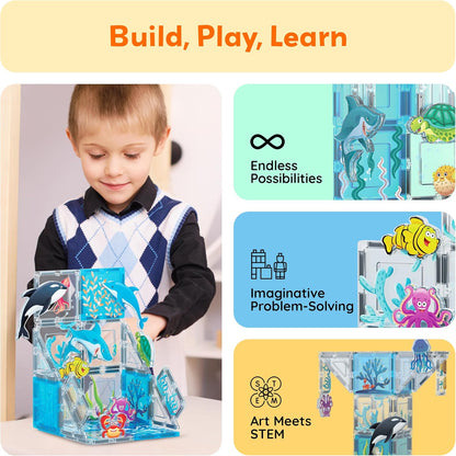 PicassoTiles Magnetic Tiles Magnet Tile Building Blocks Marine Animal World Themed Set with 8 Ocean Character Action Figures STEM Learning Toy Construction Toddlers Boys Girls Ages 3+ PTQ25