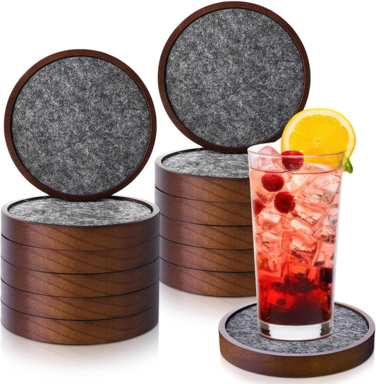 Patelai 12 Pcs Wooden Drink Coasters Set 4.3'' Absorbent and Insulation Felt Stackable Cup Holders for Tabletop Protection, Rustic Glass Coaster for Coffee, Home Decoration