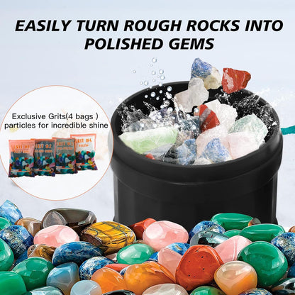 Professional Rock Tumbler Kit - Double Drum 6LB Rock Polisher(Double Barrel), Includes Rough Gemstones, 8 Polishing Grits, Jewelry, Learning Guide, Ideal Gift for Adults & Collectors